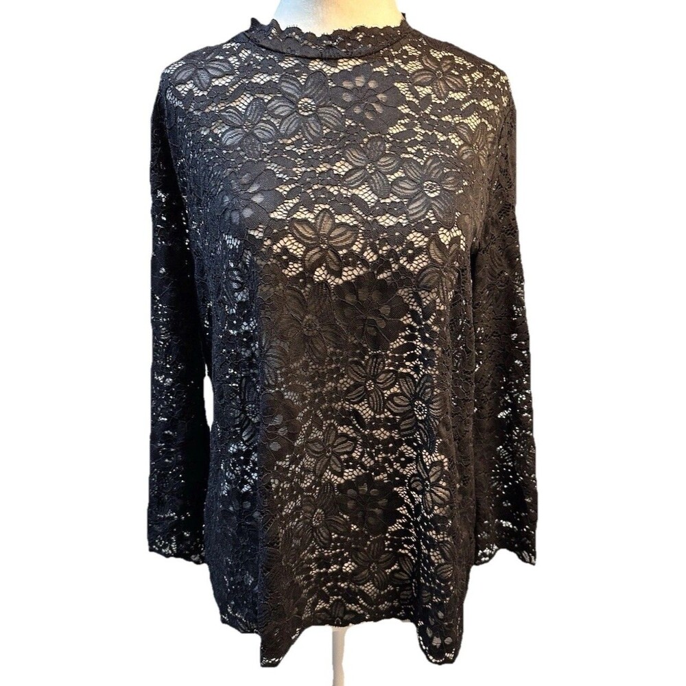 Sophie Rue Black Sheer Lace High Neck Back Zip Long Sleeve Top Size M